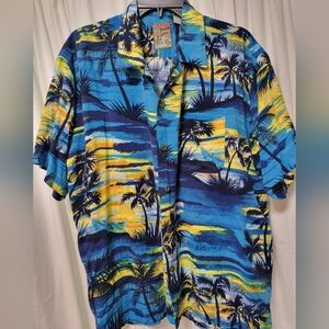 Vtg Vibrant Hawaiian Connection Shirt Mens L canoe Palm Trees Made In Korea